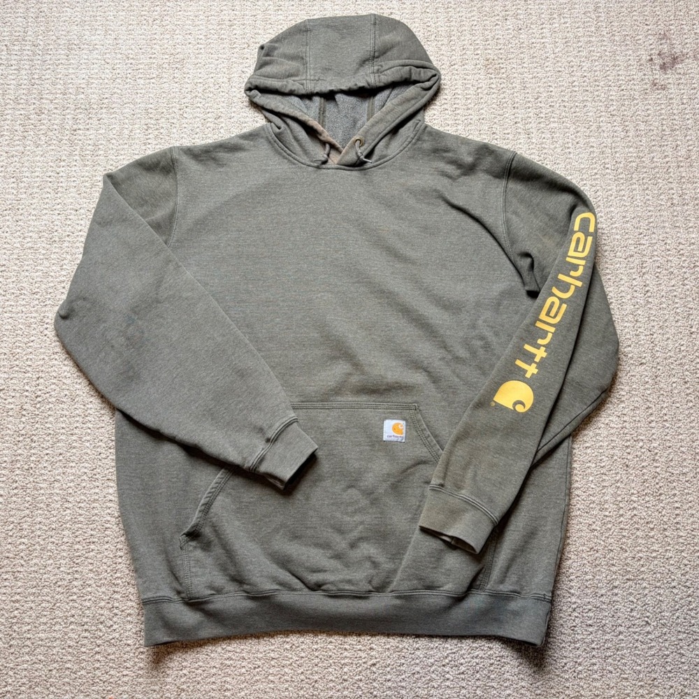 Carhartt Mens XL Tall K288 Logo Sleeve Hoodie Faded Olive Green Original Fit